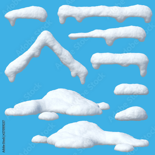 Snow caps set, icicles, snowballs and snowdrifts isolated on blue background 3d rendering photo