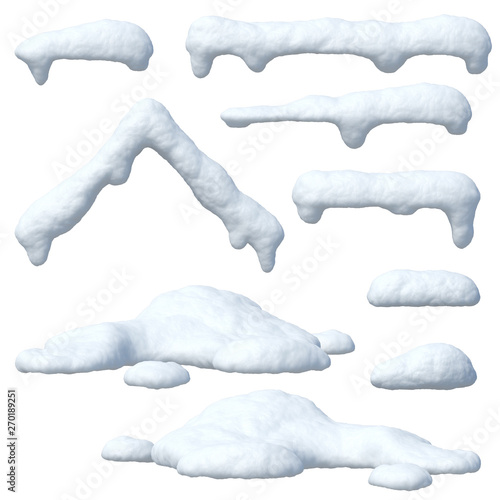 Snow caps set, icicles, snowballs and snowdrifts isolated on white background 3d rendering photo