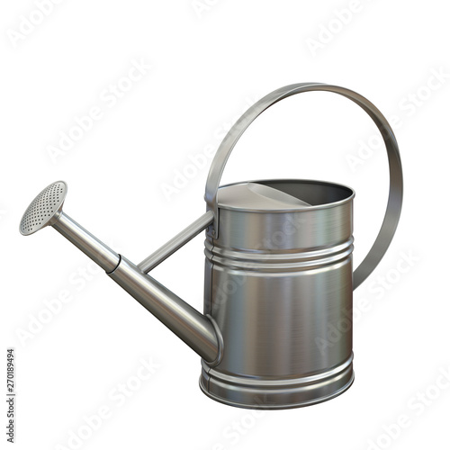 Watering can, shiny aluminum gardening tool isolated on white background 3d rendering