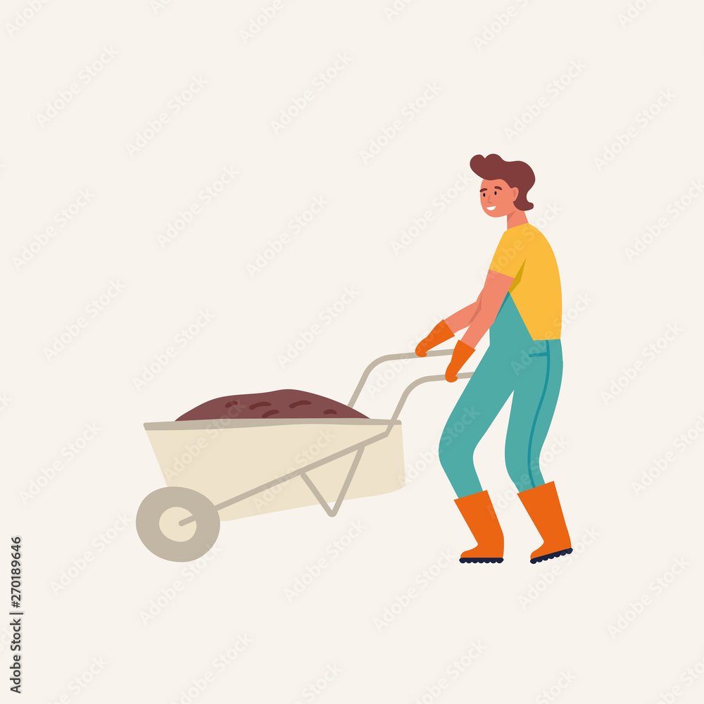 Vector flat illustration of gardener character. Young man holding wheelbarrow of earth. Vector flat illustration of gardener character. Young man holding wheelbarrow of earth.