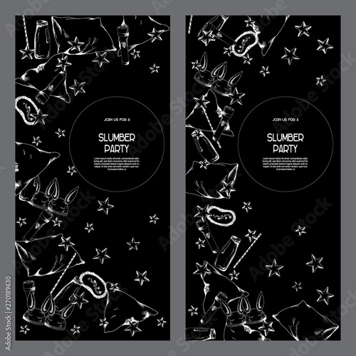Good night pajama sleepover party invitations set, flyers kit, cards templates