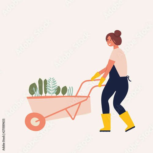 Vector flat illustration of gardener character. Young woman holding wheelbarrow of earth with plants.
