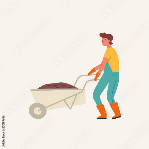 Vector flat illustration of gardener character. Young man holding wheelbarrow of earth.