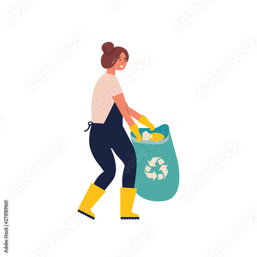 Woman gathering garbage and plastic waste for recycling. Service recycling. Recycle sort organic garbage in different container for separation to reduce environment pollution.
