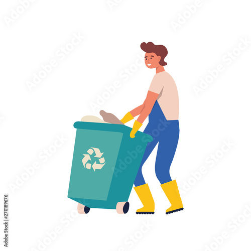 Man gathering garbage and plastic waste for recycling. Service recycling. Recycle sort organic garbage in different container for separation to reduce environment pollution.