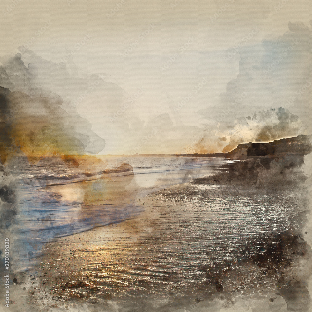 Watercolor painting of Stunning sunset over beach long exposure landscape Watercolor painting of Stunning sunset over beach long exposure landscape