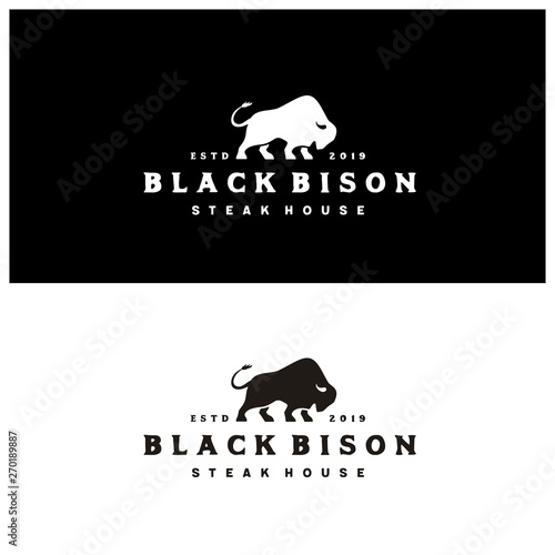Bison Bull Buffalo Angus Silhouette Steak BBQ Barbecue Vintage Retro Logo design 