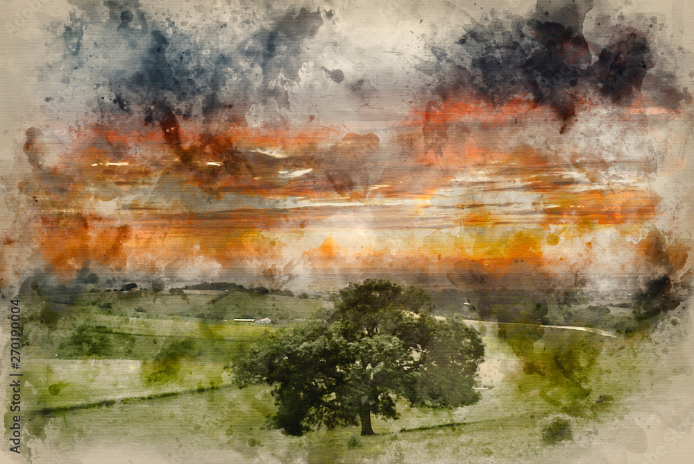 Watercolor painting of Beautiful Summer sunset landscape Steyning Bowl on South Downs