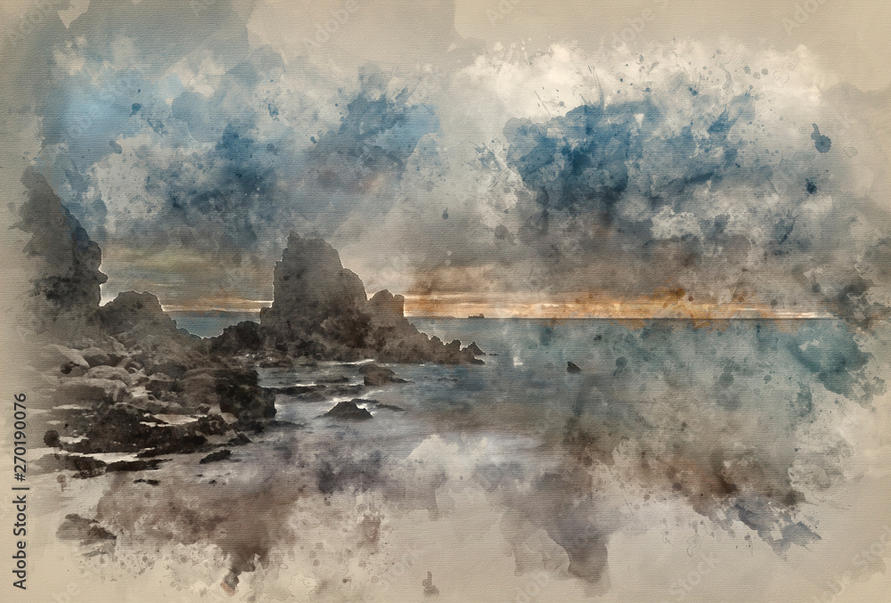 Fototapeta premium Watercolor painting of Stunning, vibrant sunrise landscape image of Barafundle Bay on Pembrokeshire Coast in Wales