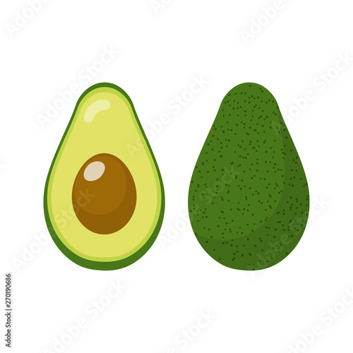 Fresh whole and half avocado isolated on white background. Organic food. Cartoon style. Vector illustration for design.
