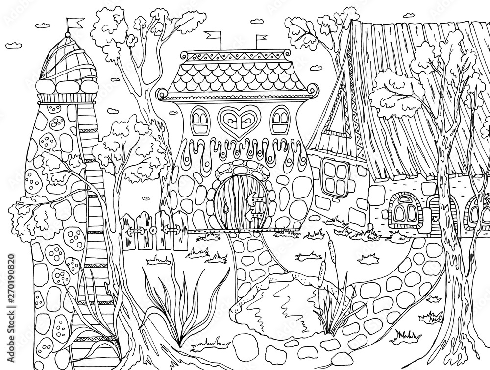 coloring fairytale castle, house and pond, trees for children and adults painted in black ink with small details on an isolated white background, a series of anti-stress
