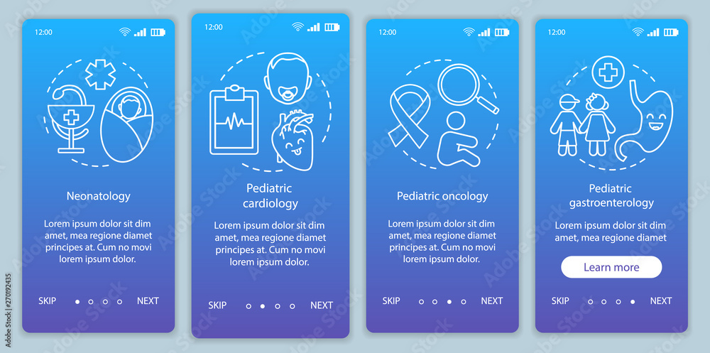 Pediatric services onboarding mobile app page screen vector template Pediatric services onboarding mobile app page screen vector template