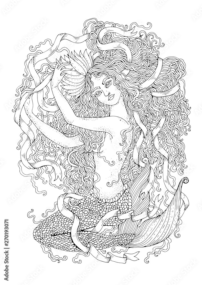 JPEG drawing fantastic sea mermaid sitting with wavy developing hair and long tangled ribbon. Ornamental decorated graphic Coloring page sea nymph. Design card, print on t-shirt on white back.