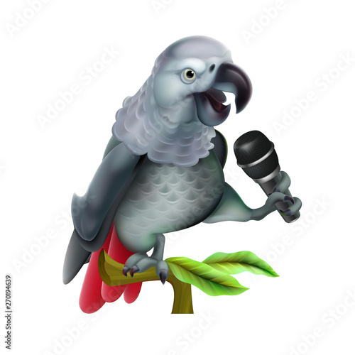 Talking parrot with microphone. Vector realistic. Vector Mesh technique. Eps10