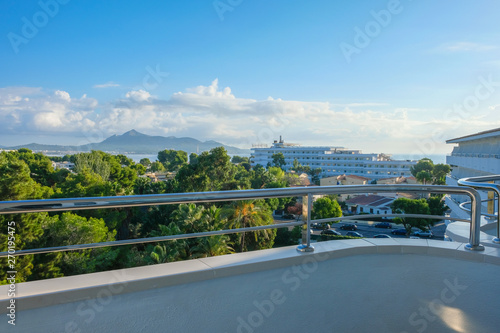 Hotel Balcony view to Port d'Alcudia landscape, Mallorca Island, Spain