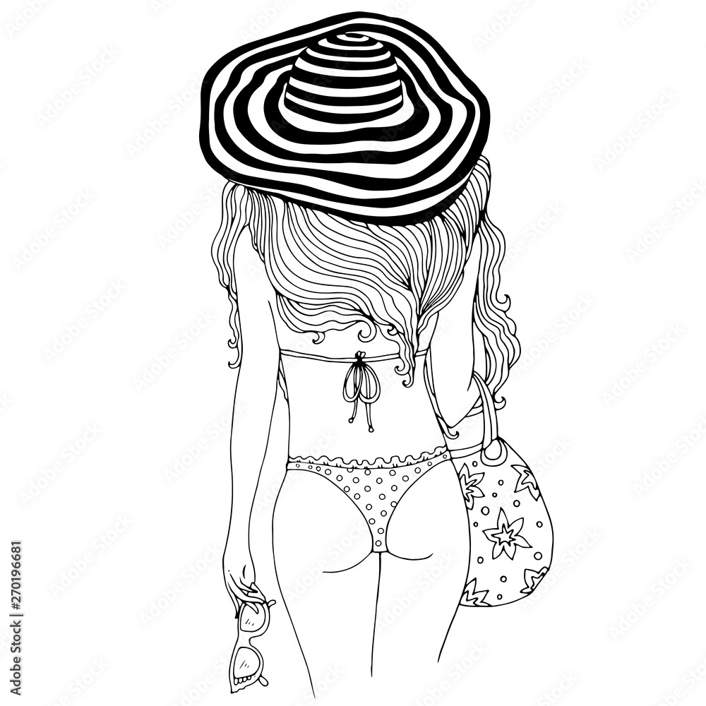 JPEG hand drawn sexy beach girl in bikini from the back. Seminude woman  goes on sea