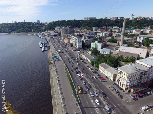 Embankment and river-boats early morning at spring. Downtown (drone image). Kiev,Ukraine