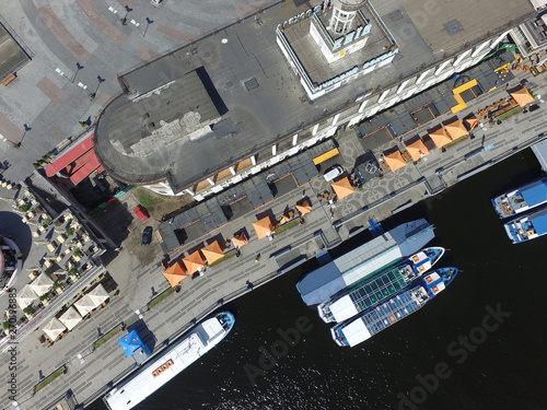 Embankment and river-boats early morning at spring. Downtown (drone image). Kiev,Ukraine