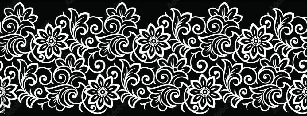 Seamless black and white vintage floral border - obrazy, fototapety, plakaty 