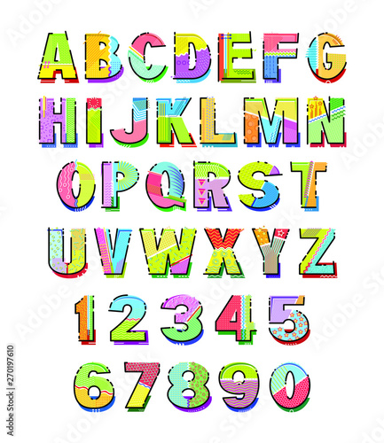 Memphis style alphabet. Uppercase letters and numbers. Template for your design works. Vector illustration.