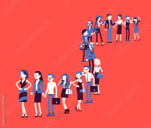 Group of diverse people queuing in a long line. Members of different nations, sex, various age and jobs standing together waiting. Vector illustration with faceless characters