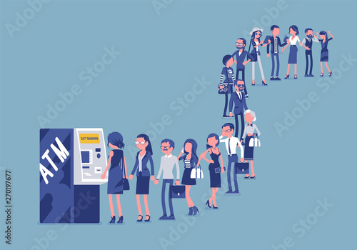 Group of people queuing in a line near ATM. Members of different nations, sex, age, jobs standing together waiting for bank service. Vector illustration with faceless characters