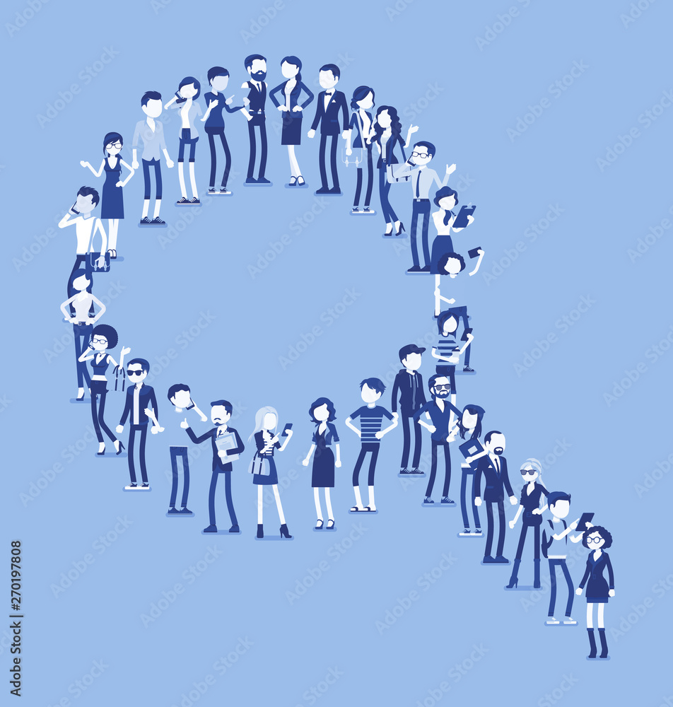 Group of people making magnifier shape. Members of different nations, sex, age, jobs standing together forming social research symbol. Vector illustration with faceless characters, full length Group of people making magnifier shape. Members of different nations, sex, age, jobs standing together forming social research symbol. Vector illustration with faceless characters, full length