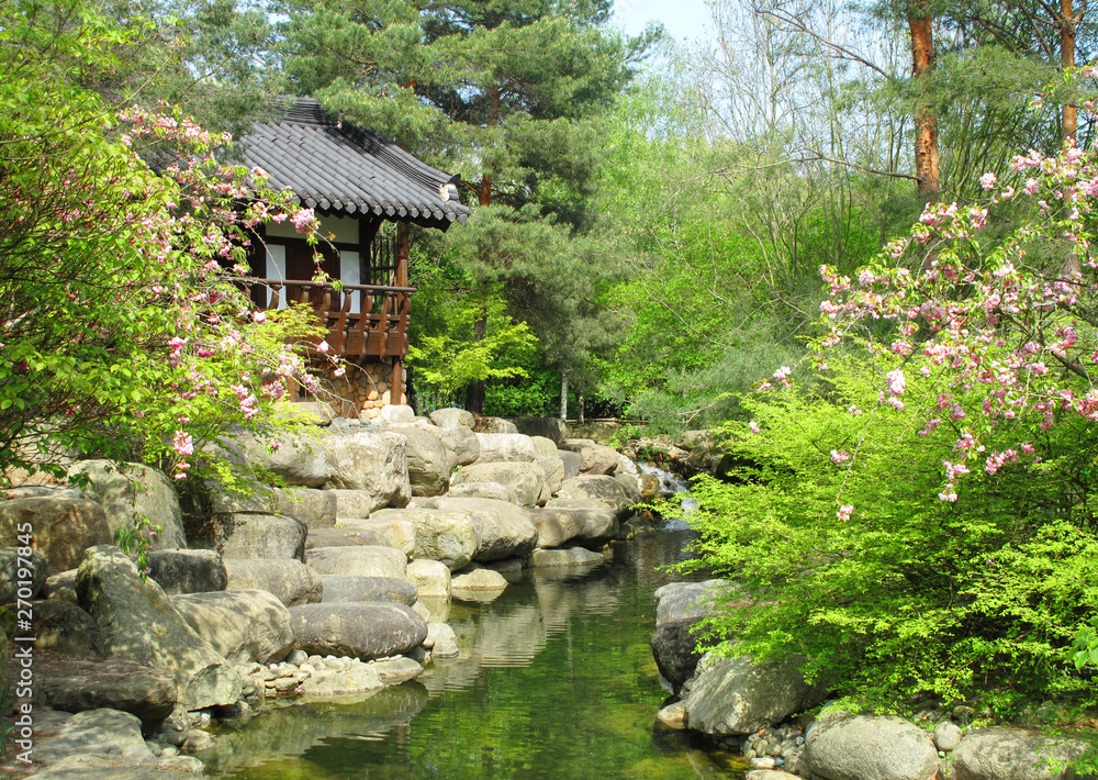 Idyllic asia style garden scene with pavilion Idyllic asia style garden scene with pavilion