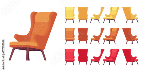 Retro soft armchair set. Lounge chair, interior decor for living room, bedroom, reception room or office. Vector flat style cartoon illustration isolated on white background, different views and color