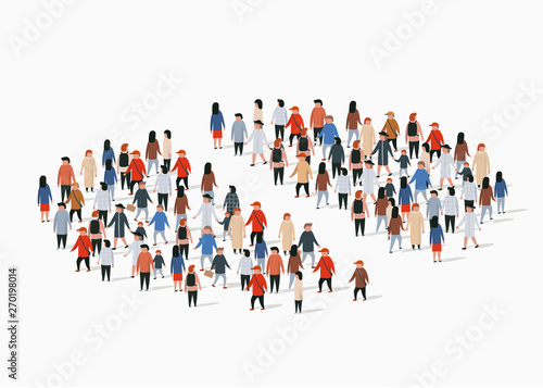 Population demographics report, pie chart composed of people. Separate group.