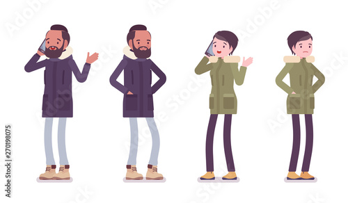 Parka man and woman standing with phone. Young guy and girl wearing warm windproof jacket with hood, cold weather city outfit. Vector flat style cartoon illustration isolated on white background