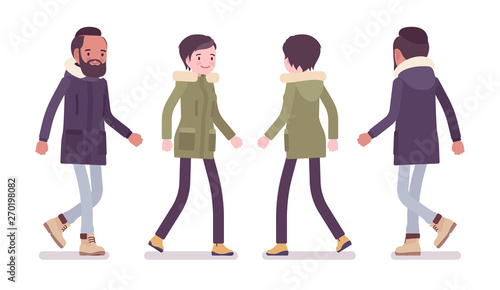 Parka man and woman walking. Young guy, girl wearing warm windproof jacket with hood, cold weather city outfit. Vector flat style cartoon illustration isolated on white background, front, rear, view