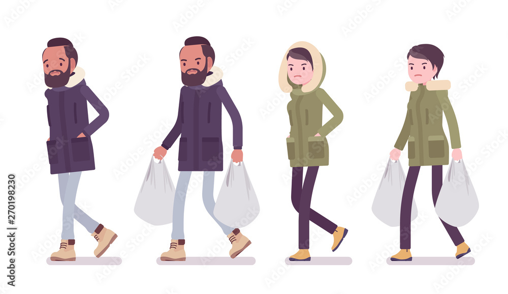 Fototapeta premium Parka man and woman walk with shopping bags. Young guy and girl wearing warm windproof jacket with hood, cold weather city outfit. Vector flat style cartoon illustration isolated on white background