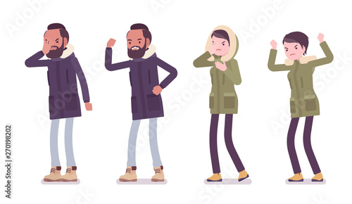 Parka man and woman angry in negative emotions. Young guy, girl wearing warm windproof jacket with hood, cold weather city outfit. Vector flat style cartoon illustration isolated on white background