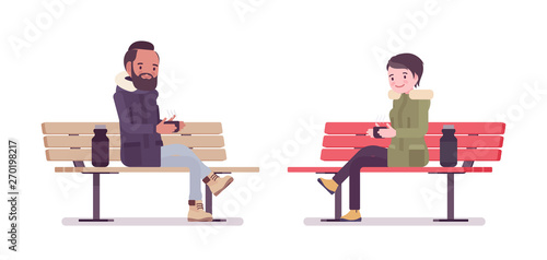 Parka man, woman sitting on a park bench. Young guy, girl wearing warm windproof fall jacket with a hood, cold weather city outfit. Vector flat style cartoon illustration isolated on white background