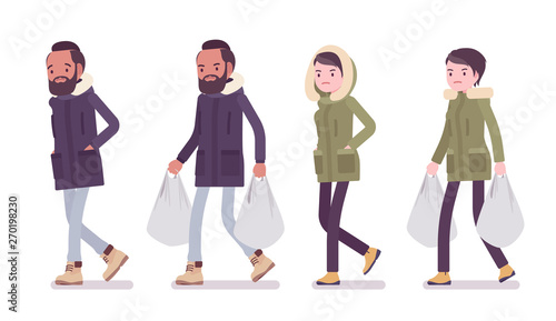 Parka man and woman walk with shopping bags. Young guy and girl wearing warm windproof jacket with hood, cold weather city outfit. Vector flat style cartoon illustration isolated on white background