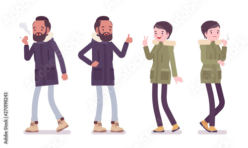 Parka man and woman smoking. Young guy and girl wearing warm windproof jacket with hood, cold weather city outfit. Vector flat style cartoon illustration isolated on white background