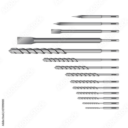 Realistic 3d Detailed Metallic Drill for rock-drill or perforator Bits Set Tools for Construction Work, Drilling Hole.