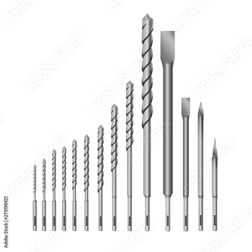 Realistic 3d Detailed Metallic Drill for rock-drill or perforator Bits Set Tools for Construction Work, Drilling Hole.