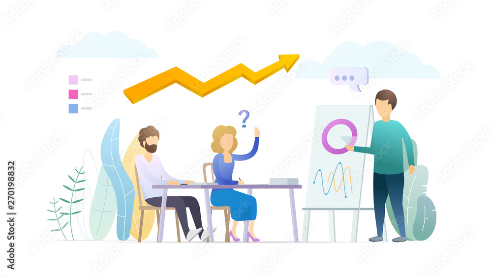 Business training flat vector illustration. Sales pitch, presentation. Financial coach, trainer, mentor cartoon character. Stock market analytics, statistics. Conference, seminar, lecture concept.