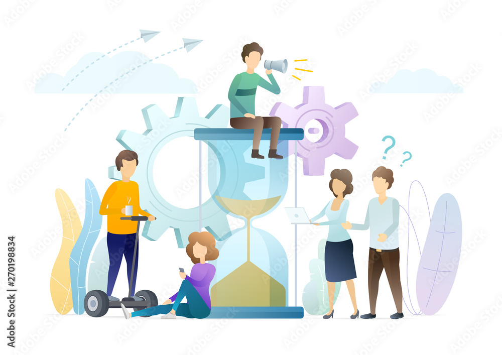 Time management flat vector concept illustration. Workflow optimization. Working process control. Procrastination and wasting time problem. Timeliness and deadlines respect. People and hourglass.