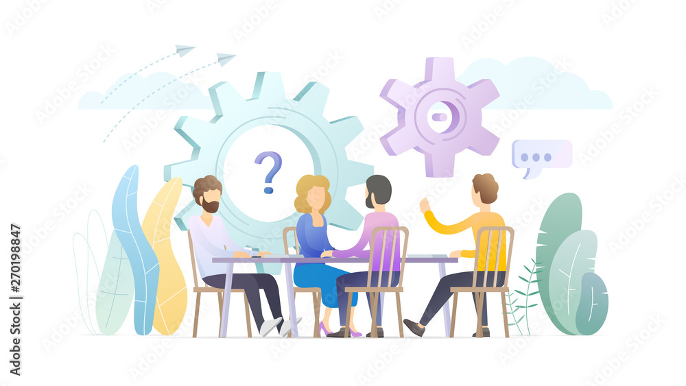 Office work flat vector illustration. Coworking, business meeting, conference concept. Workers, managers discussing project cartoon characters. Workforce, staff, personnel brainstorming, teamwork.