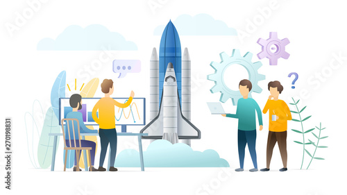 Engineers launch rocket flat vector illustration. Spacecraft, spaceship vehicle construction. Space exploration, startup launch concept. Scientist, technicians, programmers working characters.
