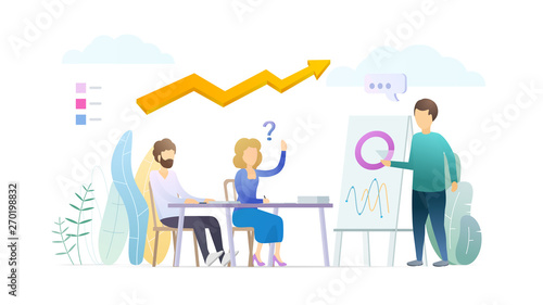 Business training flat vector illustration. Sales pitch, presentation. Financial coach, trainer, mentor cartoon character. Stock market analytics, statistics. Conference, seminar, lecture concept.