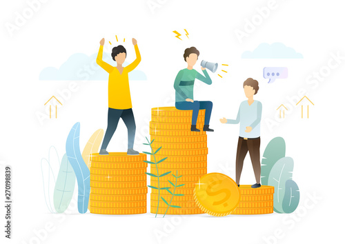 Finance market experts victory flat illustration. Comparing company workers efficiency, achievement. Workplace competition, rating system. Promoting successful employees, increasing salary, wages.