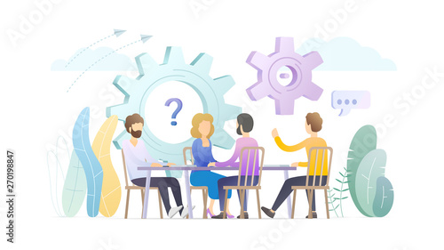 Office work flat vector illustration. Coworking, business meeting, conference concept. Workers, managers discussing project cartoon characters. Workforce, staff, personnel brainstorming, teamwork.