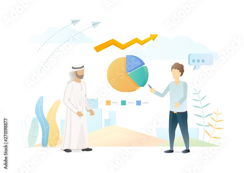 Arabian business partner flat vector illustration. Male entrepreneurs discussing business project in UAE cartoon characters. Investment expert making economic analysis, analyzing income, profit rates.