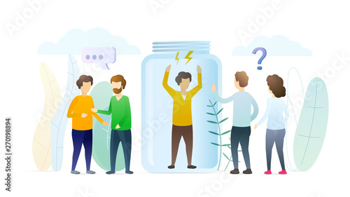 Social isolation of people vector illustration. Lonely person in glass bottle crying for help. Psychological disorder, depression metaphor. Barriers leading to communication problem, misunderstanding.