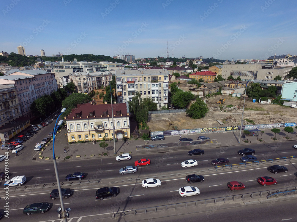 Historical area early morning at spring. Downtown. Drone image.Kiev