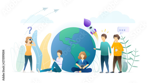 International work flat vector illustration. Student exchange program, worldwide travel. Globalization and internationalization. World exploration concept. Young people, workers near Earth planet.
